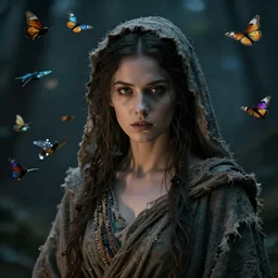 close - up of a sorceress woman in tattered robes, surrounded by colorful flying moths. dramatic. cinematic. concept art. dark fantasy. 4 k, ultra - high - definition