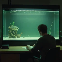 photo of an aquarium behind a man seated at a desk, tim hildebrandt, by wayne barlowe, trending on artstation, cinematic composition, simple detail. greenish lighting,