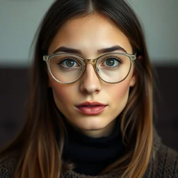 a portrait photograph of a nerdy young woman with thin wire frame glasses and a black sweater, tanned skin tone, dof, sharp focus, highly detailed face, symmetric face, realistic iris, cinestill 8 0 0 t, photography by paolo roversi