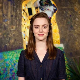 a portrait of female asa Butterfield mixed with pam beesly, a slight smile, surrounded by plants, by gustav klimt