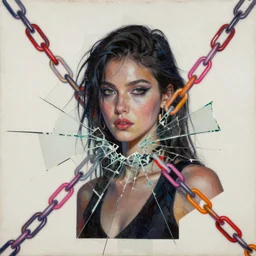 she chained in neon chains, digital collage, decoupage, assemblage, photomontage, canvas texture, minimalist, contemporary art, punk art, photorealistic, portrait, expressionism, masterpiece, dynamic composition, spectacular quality, intricate oil details, broken glass