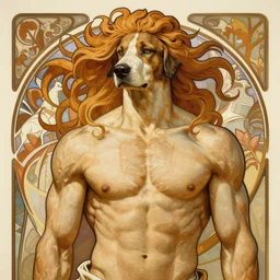 portrait of dog as god by greg ruthkowski, alphonse mucha and craig mullins, gorgeous, amazing, flowing hair, muscular, very muscular male body, intricate, highly detailed, 8 k, digital painting