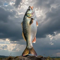 an oversized fish is standing on its tail facing the sky