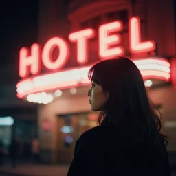 A photorealistic photography of a woman from the back. In the background there is a red neon sign that says HOTEL. Neo noir style. High quality. Cinematic. Extreme Swirly bokeh. Cinestill 800T film. Lens flare. Detailed.