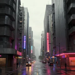 streetscape, brutalist buildings, metal, concrete, wet streets, neon lights, neon signs, vehicles, pedestrians, syd mead, ralph mcquarrie, doug chiang, concept art, matte painting, finely detailed, minimal artifacts, rule of thirds, dynamic lighting, cinematic, denoised, centered, artstation