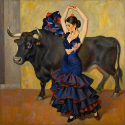 highly detailed painting of flamenco dancer and taurus by tamara de lempicka