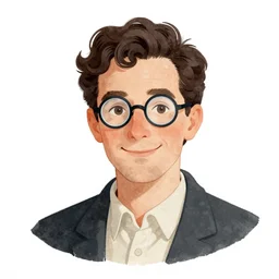 man with glasses, dark short curly hair smiling, illustration in the style of beatrix potter