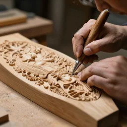 an intricate detailed wood carving of a woodcarver at work in his shop