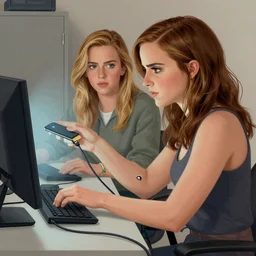 illustration a girl using a device to connect herself to a computer through an usb cable and a port in her arm, cables, it cabinet, who girl is a mix of emma watson and scarlett johansson and nathalie portman,, very detailled, by david rutkowski and artgem