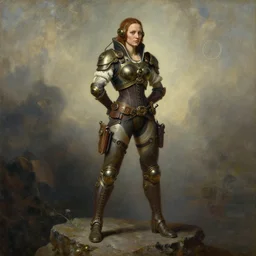 oil painting of a highly detailed steampunk gal gadot with her hands behind the back while standing on a rock : leonardo da vinci, greg rutkowski, magali villeneuve