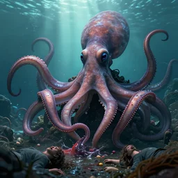 the cephalopod monster eating humans by beeple , cinematic atmosphere, establishing shot