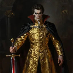 vampire in dark golden noble clothes, holding a blood red sword, realistic painting, artstation, cinematic, dramatic lighting