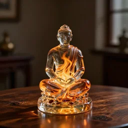 a glass statue of fire sitting on a wooden table, high detail, complex