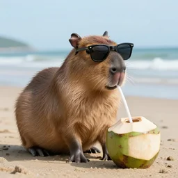 photo of a capybara with shades drinking coconut juice on the beach,, kodak portra 4 0 0 photographic and realistic, detailed, octane render, unreal engine, 4 k, artstation, hyper realistic, 3 5 mm, sharp focus, soft light, volumetric light, in the style of gregory crewdson