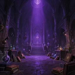 interior of a dark wizards sanctum, purple light, cluttered with magical objects, spell books, potions, dramatic lighting, epic composition, wide angle, by miyazaki, nausicaa ghibli, breath of the wild