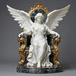 a beautiful white angel on the dark throne nordic golden gray fluid marble statue, very long, baroque, viktor antonov, sergey kolesov,