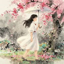 beautiful scene render of a girl is walking in the falling flowers with an umbrella, chinese ink painting style, unreal engine, global illumination, radiant light, detailed and intricate environment ， trending onstudio ghibli, 8 k