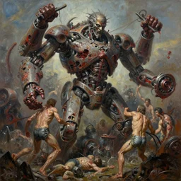 oil paint of flayed god machines, cluster battle chaos, intricately macerated by age, sentient, dethroned goliath machine, whipping blood turbines, rotting, by alberto bontempi, alex ross, shigeru komatsuzaki, wayne d barlowe, alex ross, simon bisley & boris vallejo, enric torres, hyper realism, cinematical