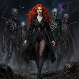 redhead lady in black coat and pantyhose, cosmic horror style, intricate, confident pose, realistic, highly detailed, digital painting, art by wlop and artgerm and ross tran and greg rutkowski, charlie bowater