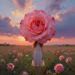 large rose face, girl standing in a flower field, surreal photography, sunrise dramatic light, impressionist painting, colorful clouds, digital painting, artstation, simon stalenhag