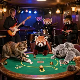 cats playing poker in an irish pub while a blues band of red pandas plays in the background next to a wasted drunk koala