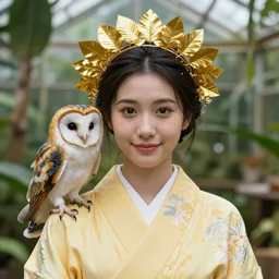 portrait photograph of an extremely beautiful!!!! young female , symmetric face!, symmetric round detailed eyes!!, slight smile, natural light, wearing a yellow kimono!! with a very detailed barn owl! on her shoulder in a tropical greenhouse. looking at the camera!!. golden crown made of golden leaves. super resolution. Extremely detailed. Graflex camera!, bokeh!!!!!. trending on art station