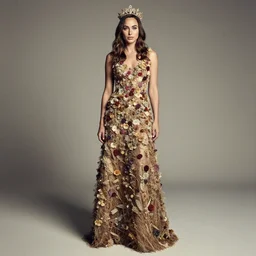 full body fine art photo of the beauty gal gadot, she has a crown and a dress made of dried flowers done by oleg oprisco