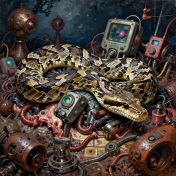 junky boa constrictor, cybertronic gadgets and, flesh + technology, durty colours, night, rotten textures, rusty shapes, biotechnology, norman rockwell, tim hildebrandt, wayne barlow, bruce pennington, larry elmore, oil on canvas, deep depth field, masterpiece, cinematic composition, hyper - detailed, hd, hdr