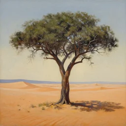 a painting of a tree in the desert, an airbrush painting by breyten breytenbach, cgsociety, neo - primitivism, dystopian art, apocalypse landscape!