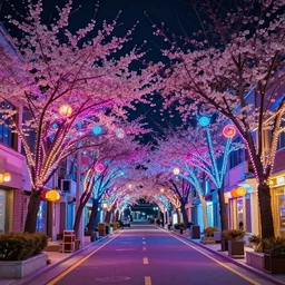 neon lights on the streets of korea, digital art, spring, wide shot