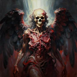 an angel with a skull made of meat and webs for the head, dramatic lighting, cinematic, organic painting, dark, bold shapes, by greg rutkowski, by satoshi kon, by caravaggio, trending on artstation, dramatic lighting, horror, blood, god rays, angelical