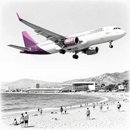 black and white pencil illustration of a wizzair airbusa 3 2 1 neo landing at skiathos airport, low over the heads of the people on the beach