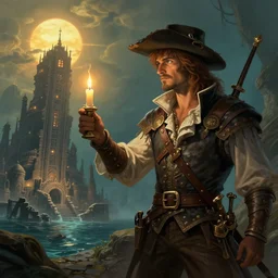 concept art of a swashbuckler holding a candle discovering a sunken city, highly detailed, digital art, illustration, artstation, very detailed, 4 k