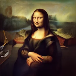 drone view of leonardo davinci, applying the last brushstrokes to the mona lisa in his studio, illustration by leonardo davinci, highly detailed