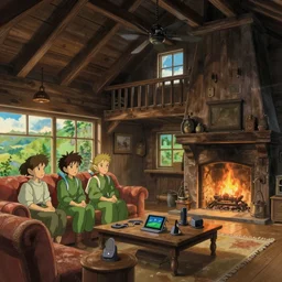 wooden cottage, living room, elves sitting on the couch, high-tech devices on the table, traditional fireplace, concept art, by Hayao Miyazaki, by Coles Phillips, by Yuumei