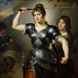 a beautiful and strong female warrior by Jules Bastien-Lepage and Laura Sava