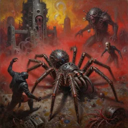 fine art oil painting varied muck jeweled, filthy, doubled, spiked, rugated armored spiny - orb - weaver, so many! an assassin, clawing & terrified as massive brutalist structures, claustrophobic cilia sporing pox, final battle failure, red mustard gas fog, by alex nino, francesco blanc, geof darrow, h r giger,