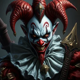 a ruthless clown paladin, 8 k, hyperrealistic, dragon slayer, hyperdetailed, fantasy portrait by laura sava