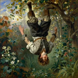 a painting of a viking gardener floating upside down in the garden by gustav moreau, jean delville and  Gaston Bussiere