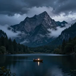 montains clouds night sky lake small boat lights unreal engine very detailed photo illustration photorealistic trending on artstation unsplash