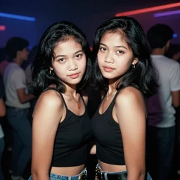 a middle - shot, color travel photograph portrait of two indonesian girl in the dance club, dramatic lighting, 1 9 9 0 photo from live magazine.