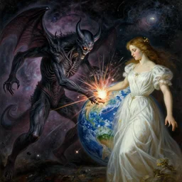 a cosmic malevolent entity colliding with a earthly benevolent entity. art by gaston bussiere and tomacz alen kopera.