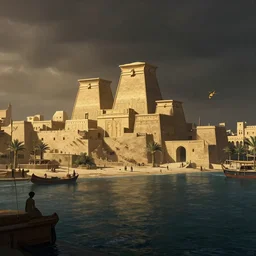 beautiful matte painting of a egyptian city port by weta workshop 8 k, cinematic dramatic atmosphere, dramatic lighting