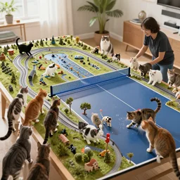 a huge model railroad scene built on top of a ping pong table, it is being attacked by many cats