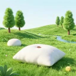 a meadow where, hills are pillows, trees are wool, rivers are buttons, an award winning artwork, realistic, high quality, professional, raytracing effects