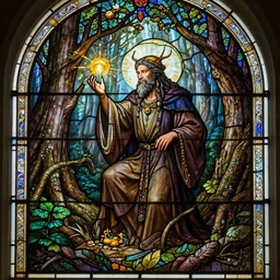 an ultradetailed stained glass window of robin williams dressed as an djinn druid, casting nature magic, old growth forest, d & d, fantasy, intricate, elegant, highly detailed, digital painting, matte, sharp focus, illustration, god rays, art by john collier and albert aublet and krenz cushart and artem demura and alphonse mucha
