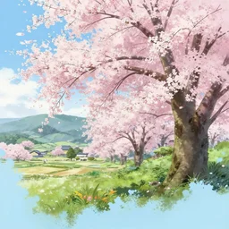 beautiful illustration of a landscape in a cherry blossom storm, japanese countryside, light blue colour splash, in the style of Katsuhiro Otomo and Takehito Harada and Yoshitaka Amano