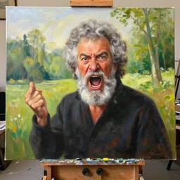 old!!!!!!!!!!!!!!!!!!! bold bob ross is sad and frustrated and angry and yelling!!!!!!!!!!!!!!! at a huge painting of nature!!!!!!!!!! by bob ross, grey hairs, masterpiece, trending on artstation