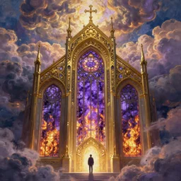 breathtaking detailed soft painting of an intricate golden art nouveau cathedral in enlightened tumultuous clouds, amethyst stained glass with one person standing in front, dawn sunlight and godlike ambiance, rembrandt style, hyper detailed fire stained glass windows, volumetric lighting, concept art, matte, sharp focus by tom bagshaw, and greg rutkowski