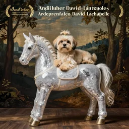 a cream - colored havanese dog lying on top of a large plastic sequined horse, a renaissance painting in the background, photo by david lachapelle, behance, transgressive art, freakshow, official album art